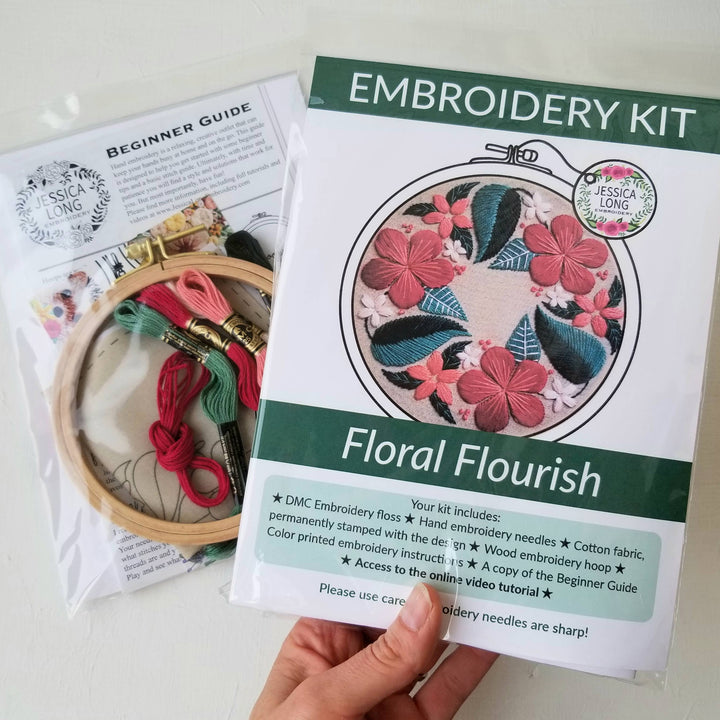 Embroidery kit with floral design, including a hand holding the kit and an embroidery hoop with thread.