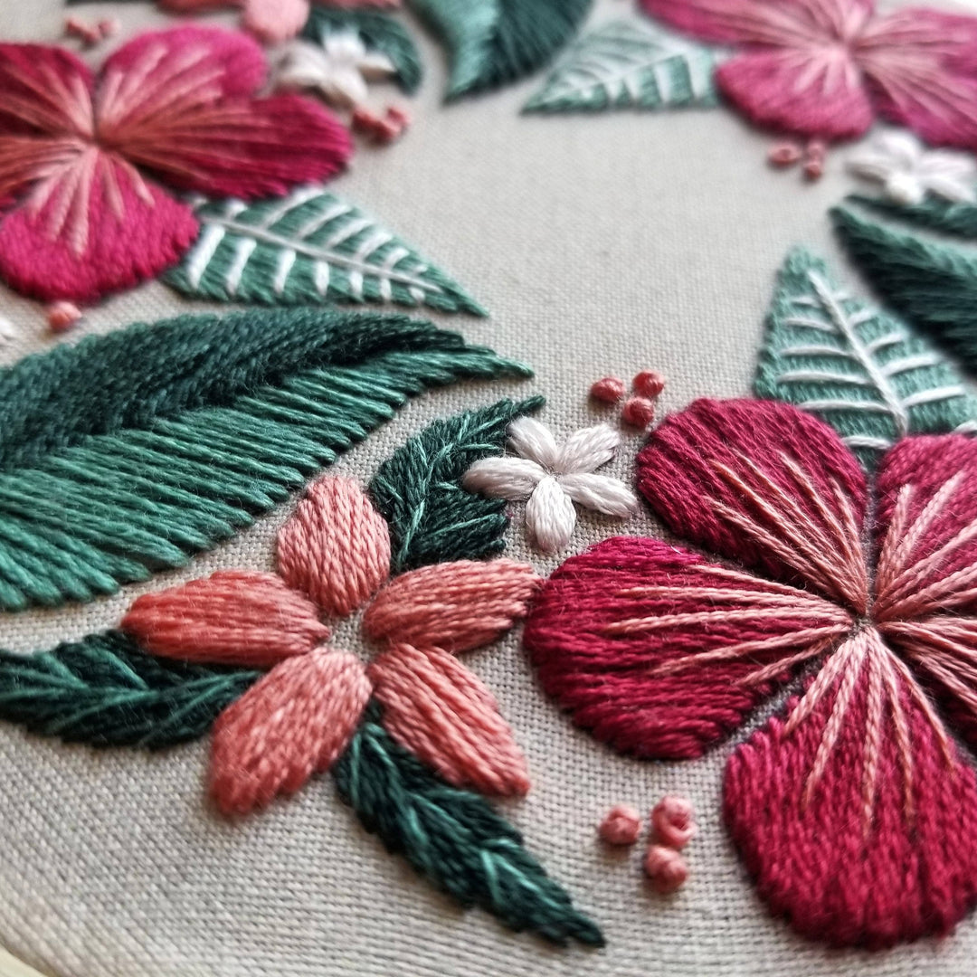 Close-up of embroidered floral design with pink and green leaves on a beige background