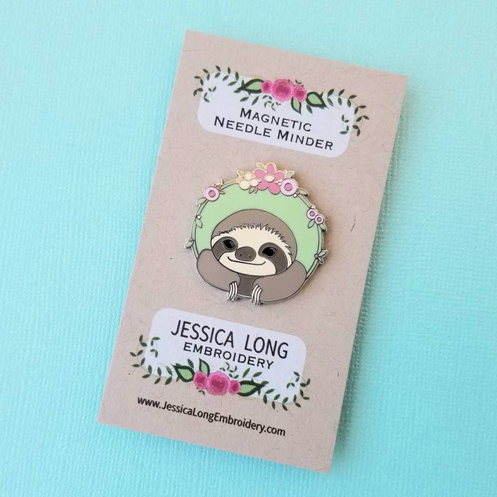 Jessica Long Embroidery - Happy Sloth Enamel Needle Minder - Pisgah Needleworks