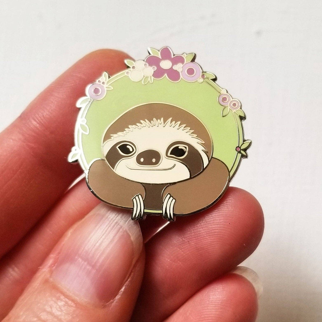Jessica Long Embroidery - Happy Sloth Enamel Needle Minder - Pisgah Needleworks