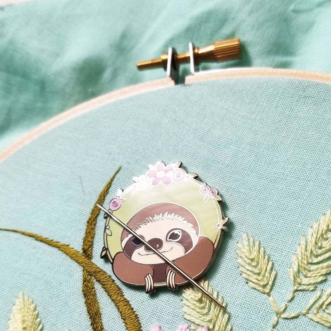 Jessica Long Embroidery - Happy Sloth Enamel Needle Minder - Pisgah Needleworks