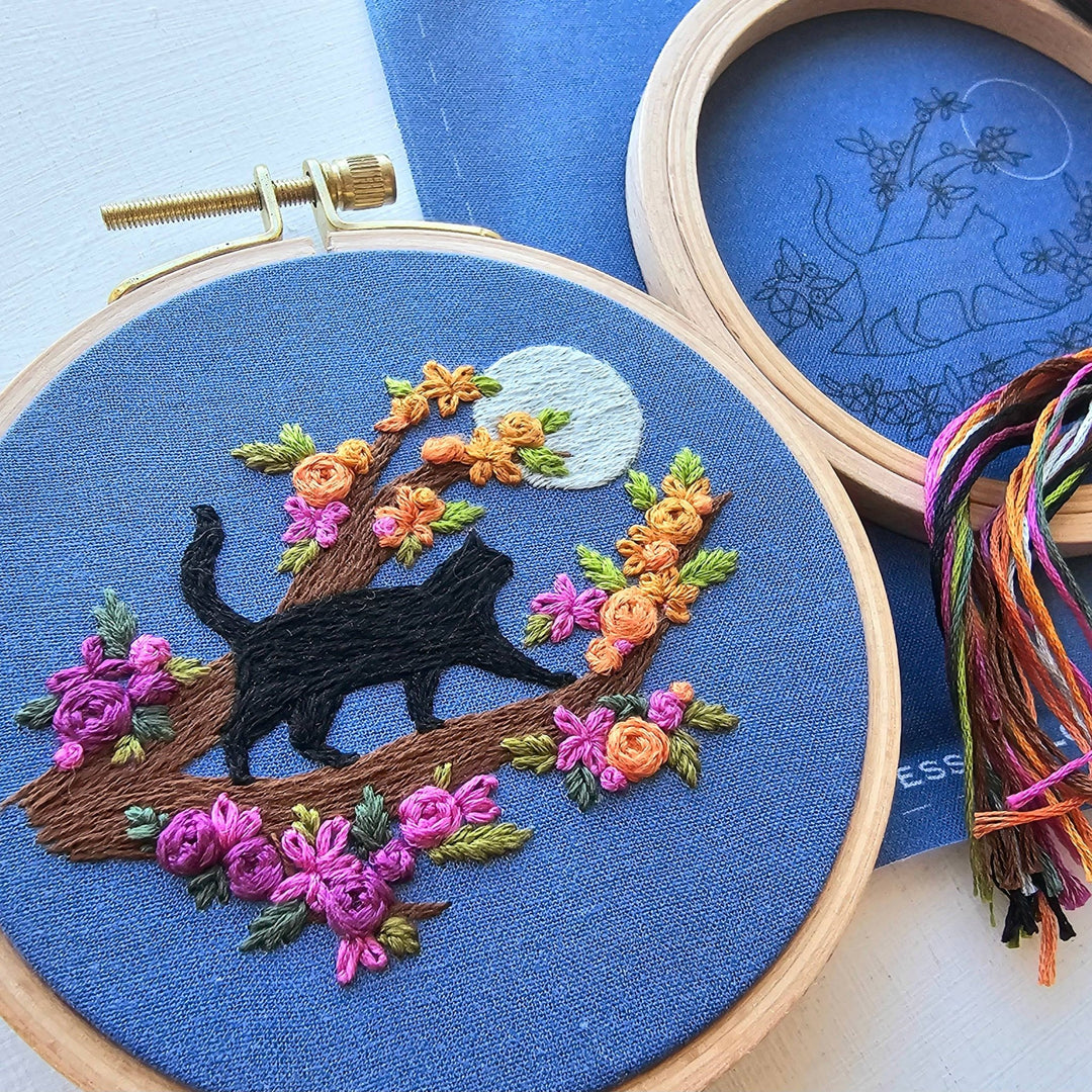 Jessica Long Embroidery - Mini Black Cat & Full Moon Embroidery Kit - Pisgah Needleworks