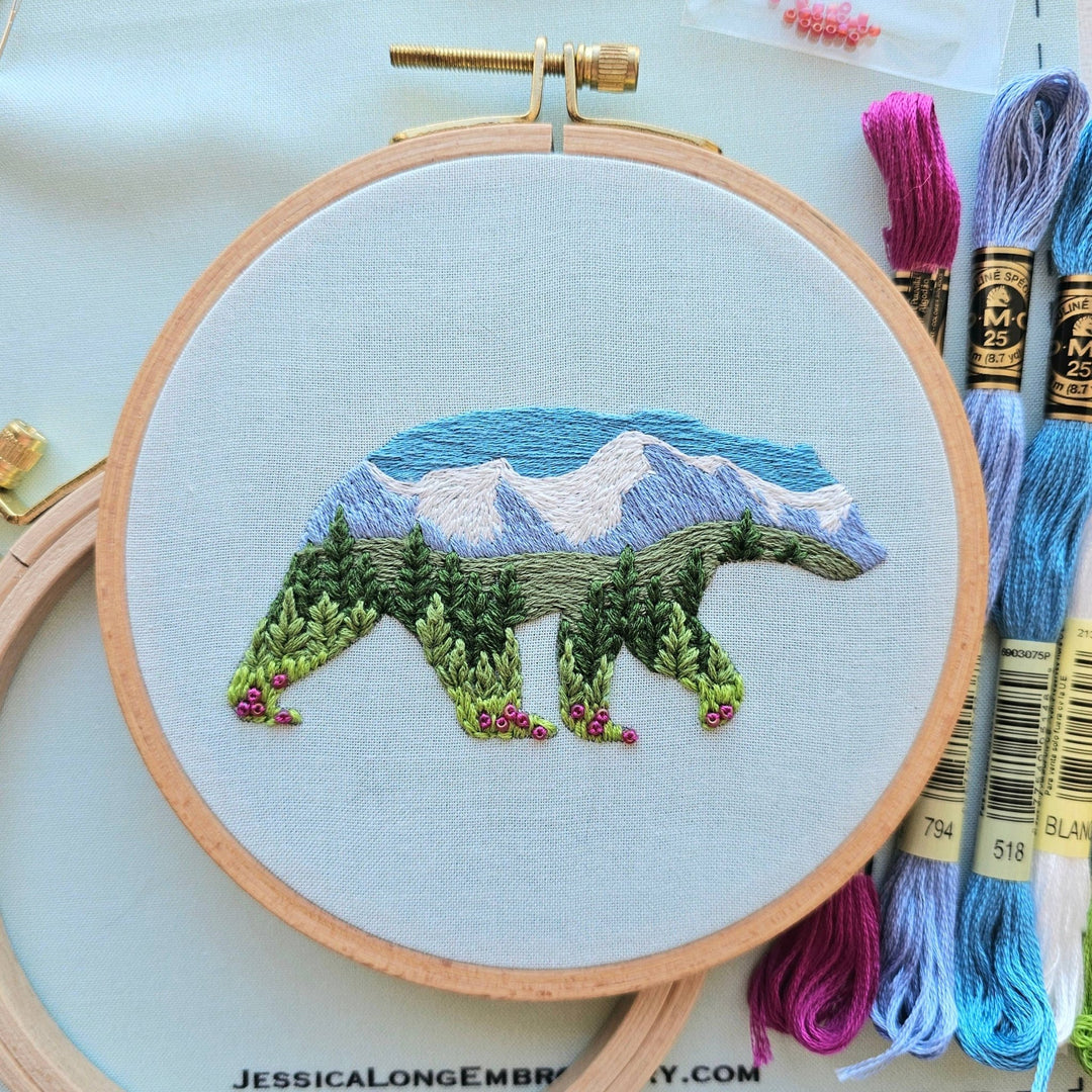 Jessica Long Embroidery – Mountain Bear Embroidery Kit | 5" Mountain Landscape Hand Embroidery Kit - Pisgah Needleworks