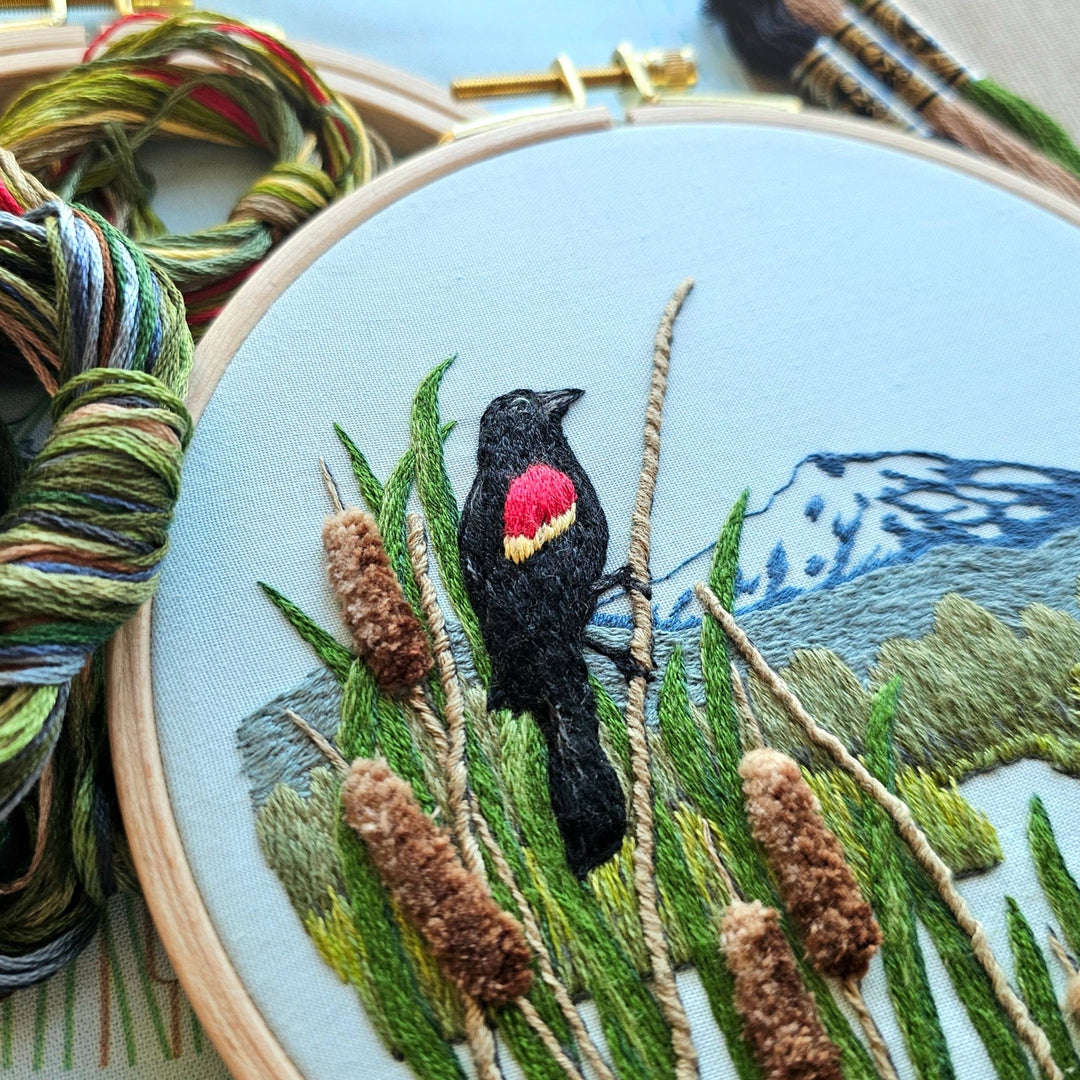 Jessica Long Embroidery - Red - Winged Blackbirds Embroidery Kit - Pisgah Needleworks