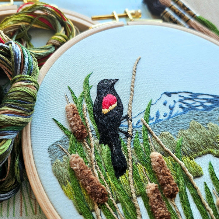 Jessica Long Embroidery - Red - Winged Blackbirds Embroidery Kit - Pisgah Needleworks