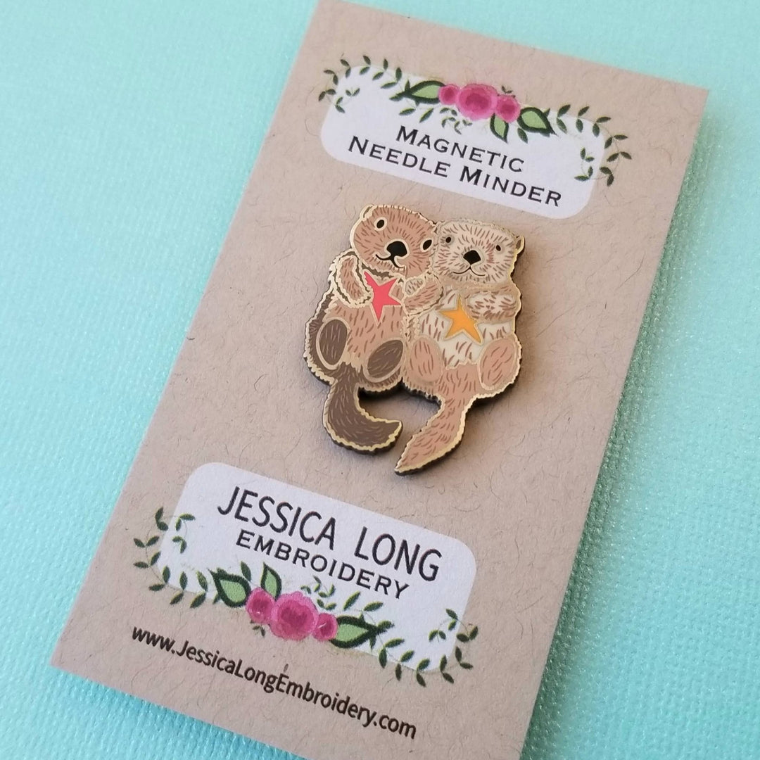 Jessica Long Embroidery - Sea Otters Enamel Needle Minder - Pisgah Needleworks