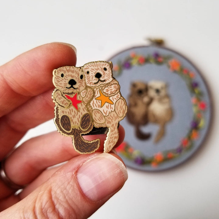Jessica Long Embroidery - Sea Otters Enamel Needle Minder - Pisgah Needleworks