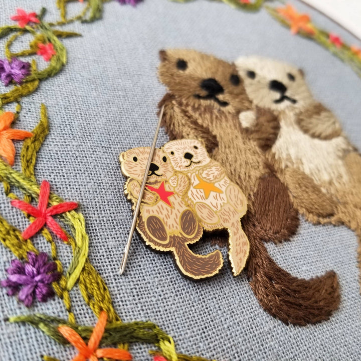 Jessica Long Embroidery - Sea Otters Enamel Needle Minder - Pisgah Needleworks