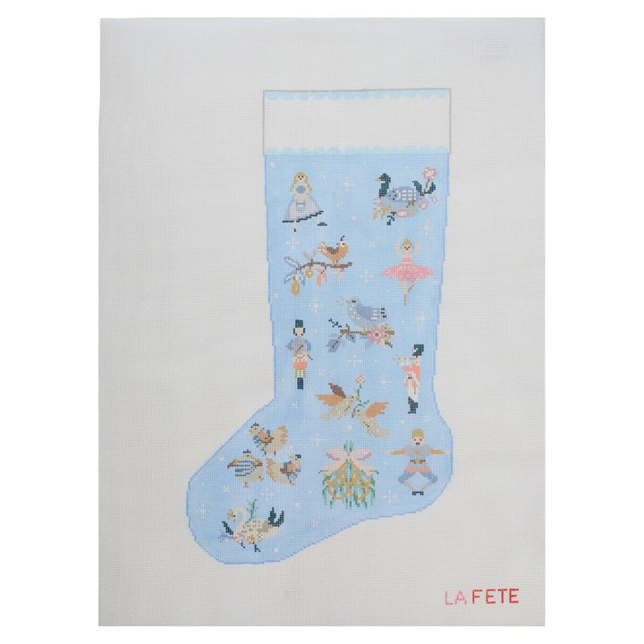 La Fete Needlepoint - 12 Days of Christmas Stocking Hand Painted Blue Needlepoint Canvas - Pisgah Needleworks