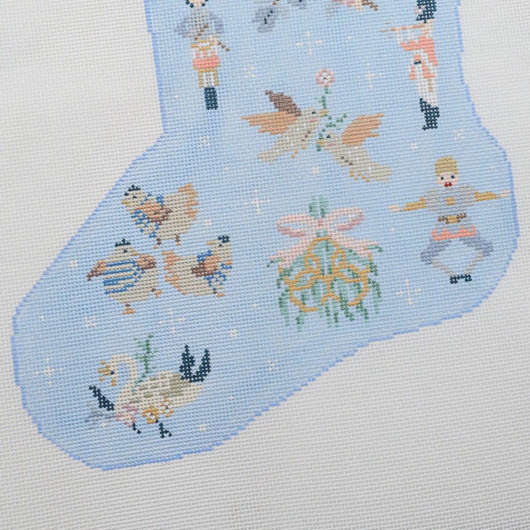 La Fete Needlepoint - 12 Days of Christmas Stocking Hand Painted Blue Needlepoint Canvas - Pisgah Needleworks