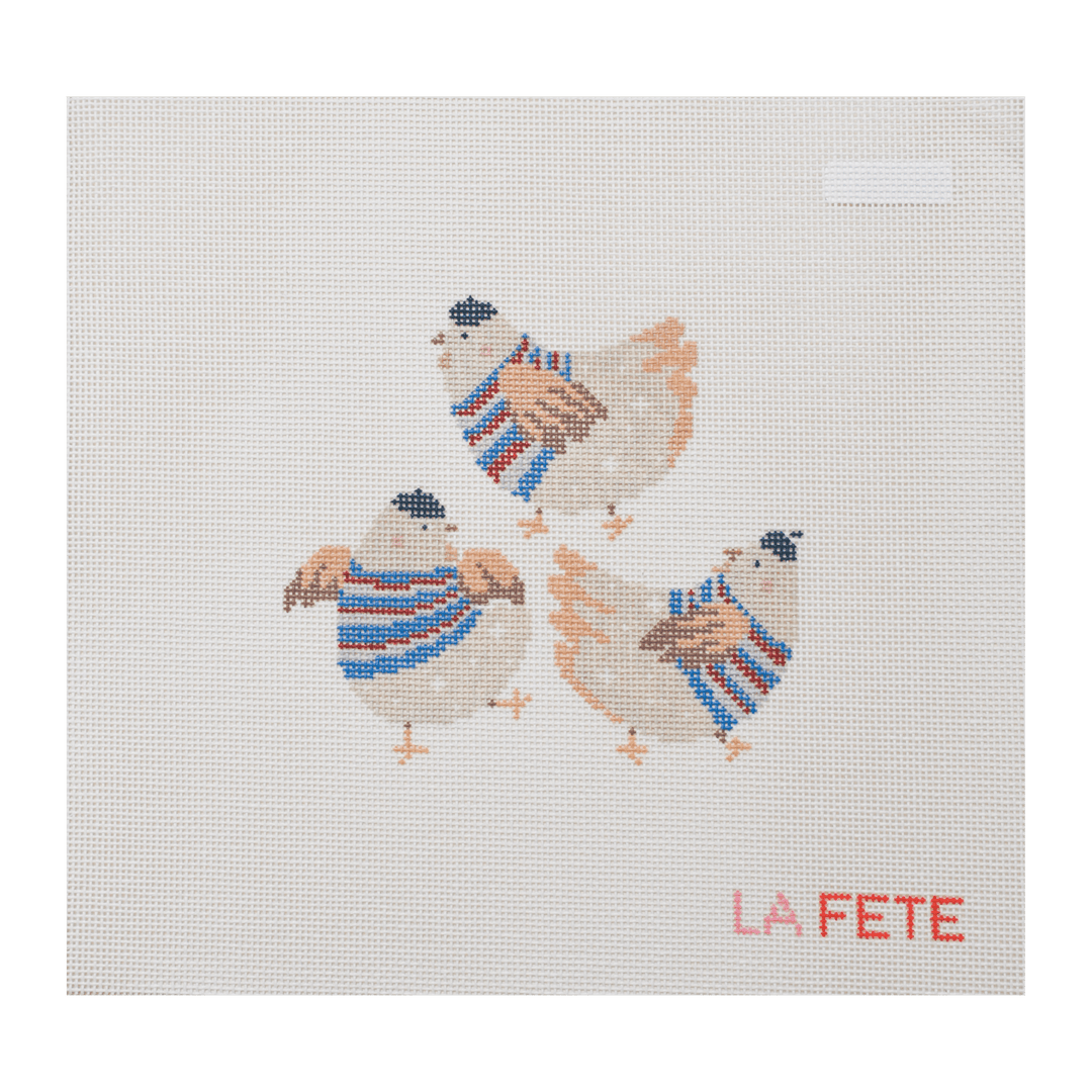 La Fete Needlepoint - 12 Days Of Christmas - Three French Hens Hand Painted Needlepoint Canvas - Pisgah Needleworks
