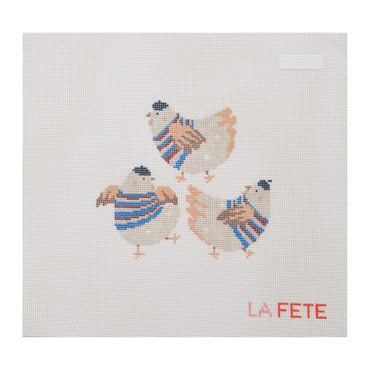 La Fete Needlepoint - 12 Days Of Christmas - Three French Hens Hand Painted Needlepoint Canvas - Pisgah Needleworks