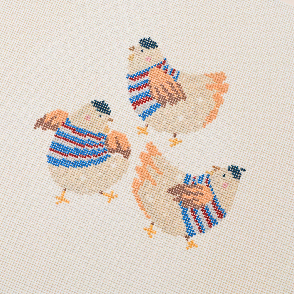 La Fete Needlepoint - 12 Days Of Christmas - Three French Hens Hand Painted Needlepoint Canvas - Pisgah Needleworks