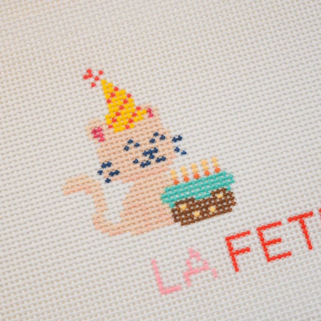 La Fete Needlepoint – Party Animals: Party Kitty Hand - Painted Needlepoint Canvas | 13 Mesh - Pisgah Needleworks