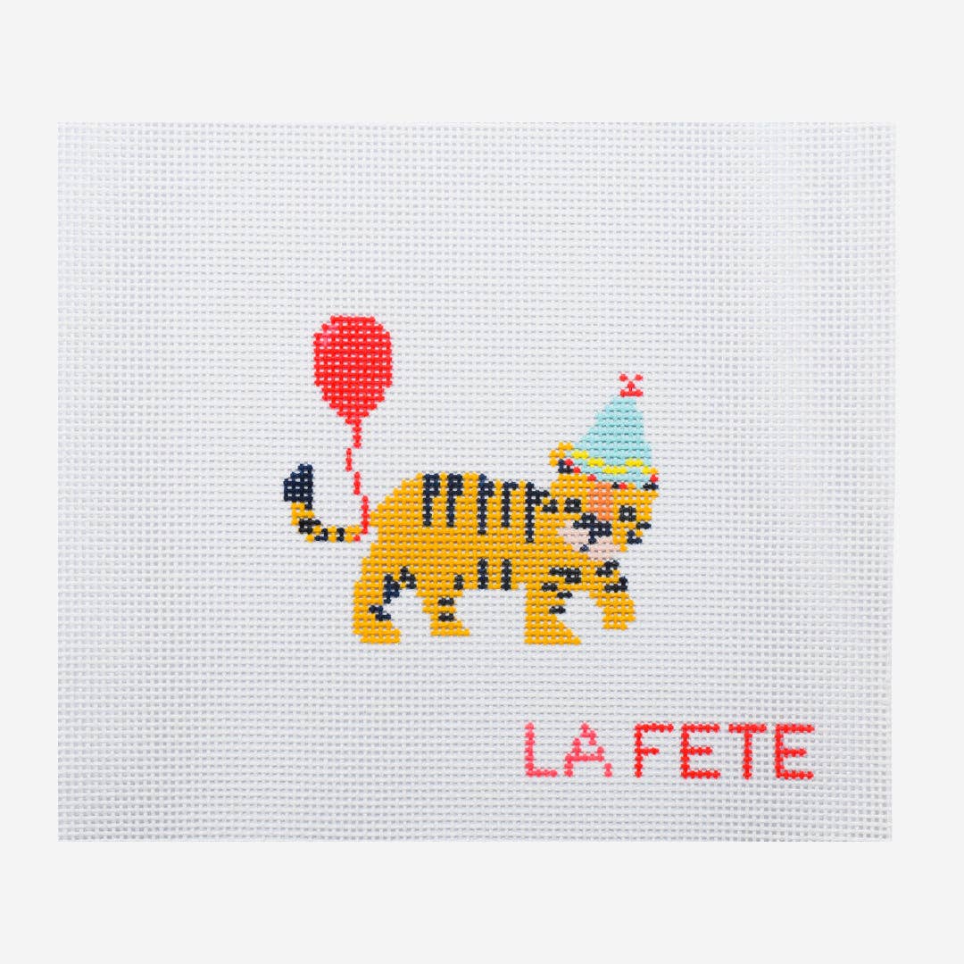 La Fete Needlepoint - Party Animals - Tiger Hand Painted Needlepoint Canvas - Pisgah Needleworks