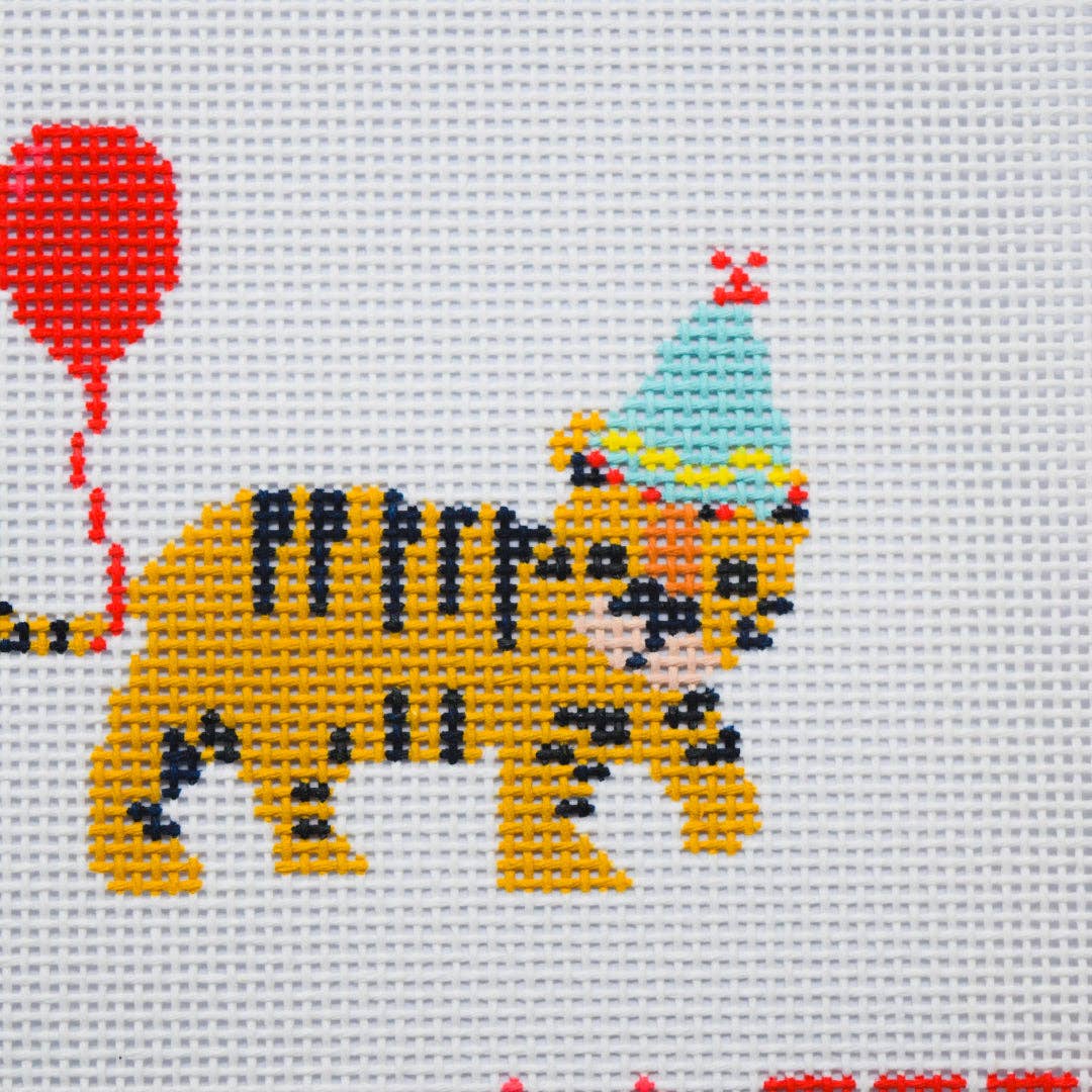 La Fete Needlepoint - Party Animals - Tiger Hand Painted Needlepoint Canvas - Pisgah Needleworks