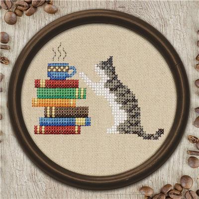 Lola Crow Cross Stitch Cat, Books and Coffee Cross Stitch Pattern | Printed Pattern - Pisgah Needleworks