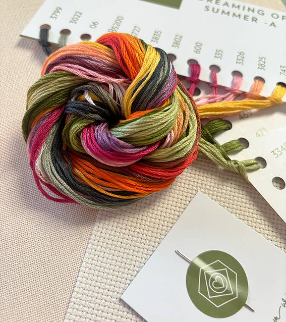 Multicolored skein of yarn on a textured surface with a card and thread spools in the background.