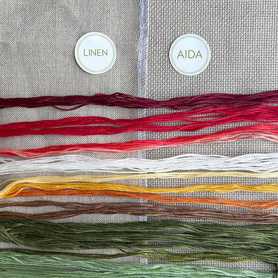 Collection of embroidery threads on a fabric background with labels for 'Linen' and 'Aida'.