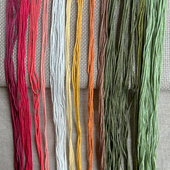 Set of colorful embroidery threads on a textured fabric background