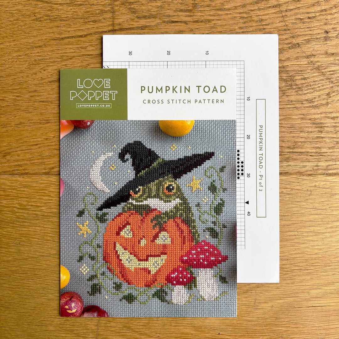 Cross stitch pattern for a pumpkin toad with packaging and ruler on a wooden surface