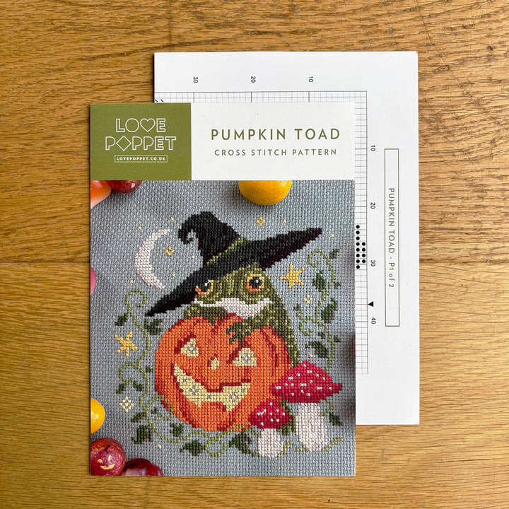 Cross stitch pattern for a pumpkin toad with packaging and ruler on a wooden surface