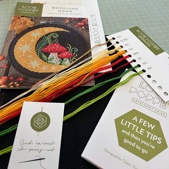 Cross-stitch kit with pattern, threads, and tips on a grid background