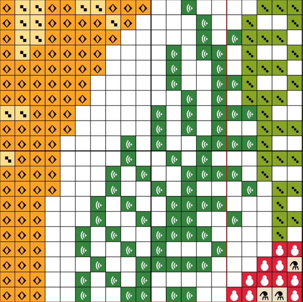 Grid pattern with orange, green, and red shapes on a white background