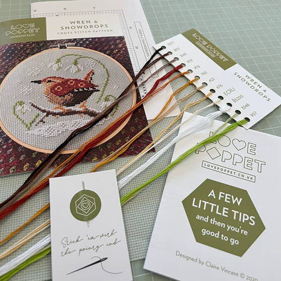 Cross-stitch kit with wren design, threads, and instructions on a green cutting mat.