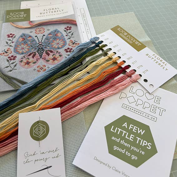 Love Poppet - Floral Butterfly - Cross Stitch Kit: 14ct Aida - Pisgah Needleworks