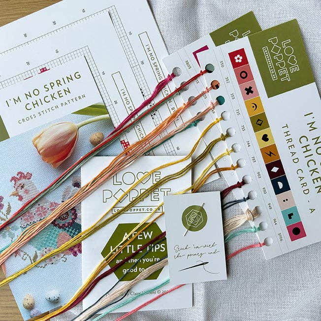Love Poppet - I'm No Spring Chicken - Kit: 14ct Aida (white) - Pisgah Needleworks
