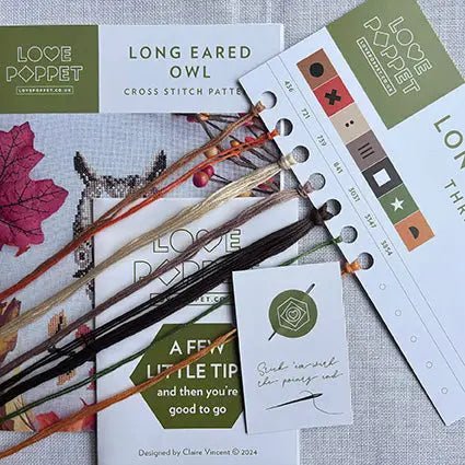 Love Poppet Long Eared Owl Counted Cross Stitch Kit | Aida or Evenweave - Pisgah Needleworks