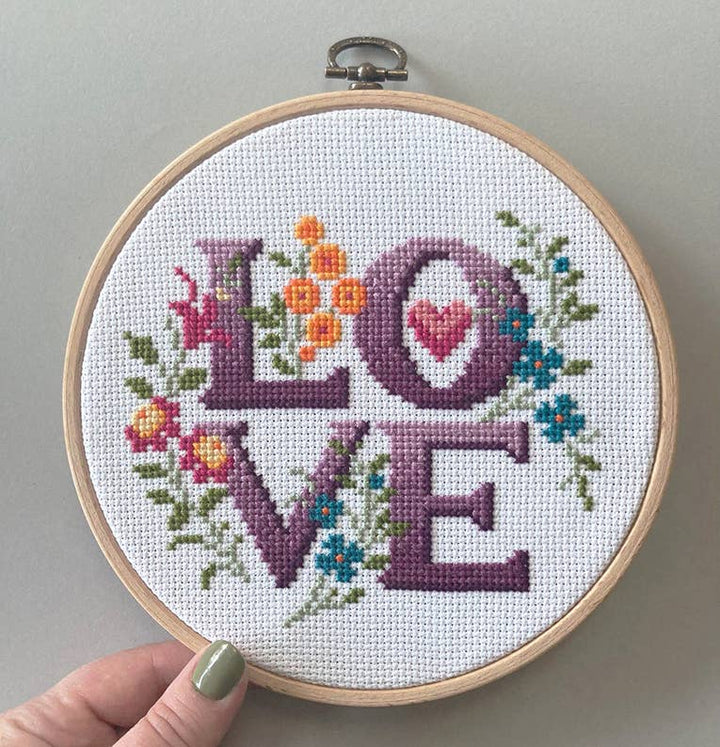 Love Poppet – Love Four Letter Floral Cross Stitch Kit | Typographic Needlecraft - Pisgah Needleworks