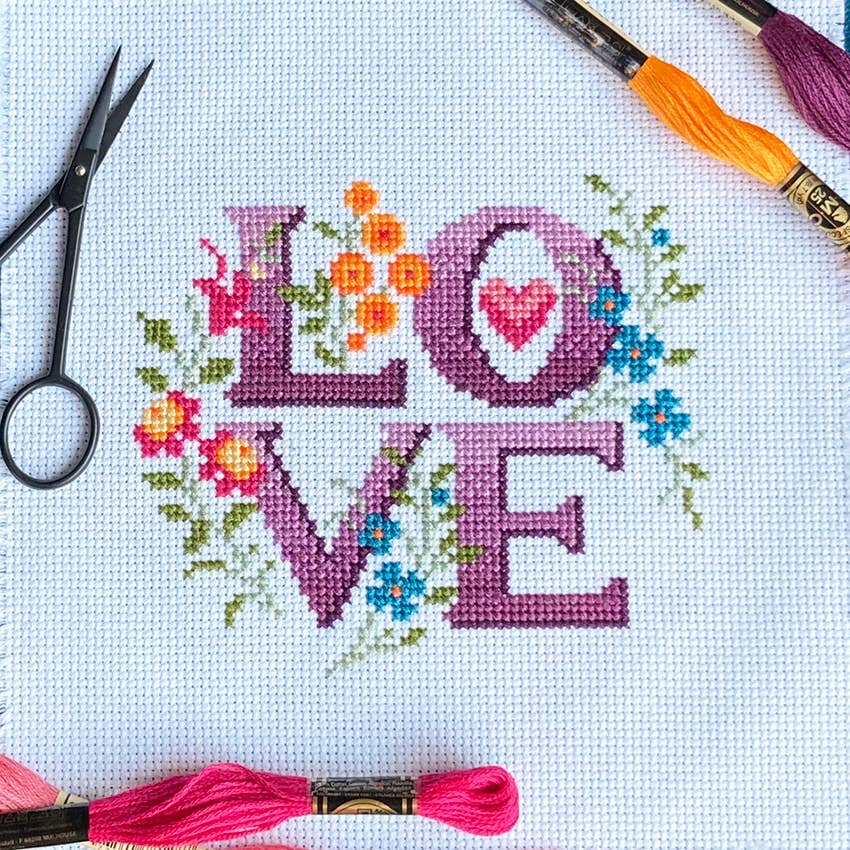 Love Poppet – Love Four Letter Floral Cross Stitch Kit | Typographic Needlecraft - Pisgah Needleworks