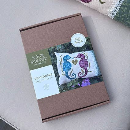 Love Poppet - Seahorses - Boxed Kit: 14ct Aida (cream/ivory) - Pisgah Needleworks