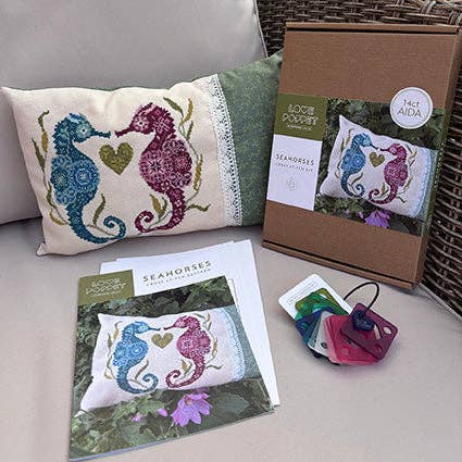 Love Poppet - Seahorses - Boxed Kit: 14ct Aida (cream/ivory) - Pisgah Needleworks