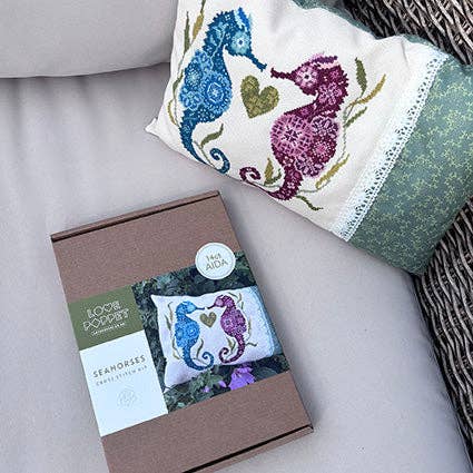 Love Poppet - Seahorses - Boxed Kit: 14ct Aida (cream/ivory) - Pisgah Needleworks