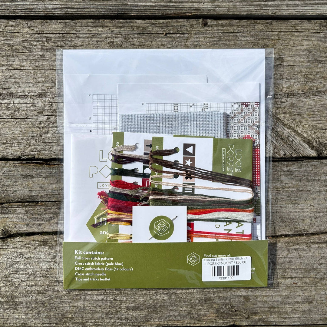 Love Poppet – Skating Santa Cross Stitch Kit | Limited Edition Holiday Design - Pisgah Needleworks