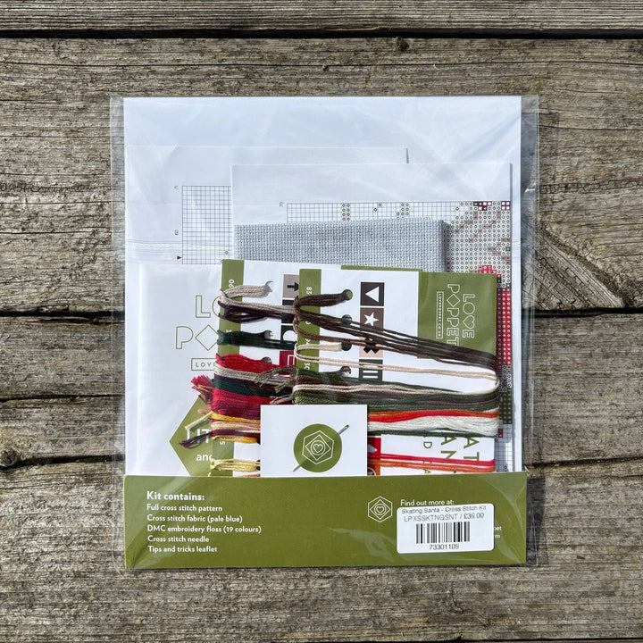 Love Poppet – Skating Santa Cross Stitch Kit | Limited Edition Holiday Design - Pisgah Needleworks