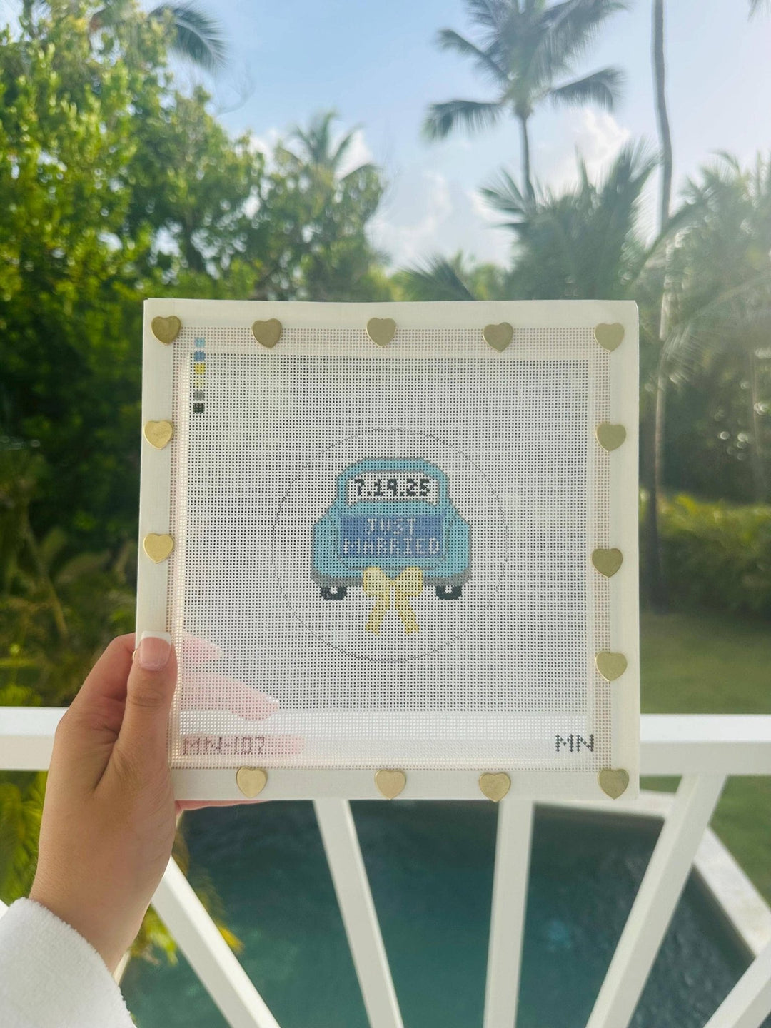 Magnolia Needlepoint - Just Married Teal Car Yellow Bow: No Date - Pisgah Needleworks