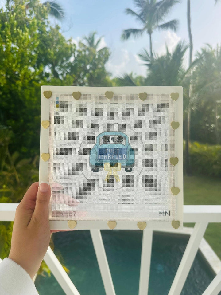 Magnolia Needlepoint - Just Married Teal Car Yellow Bow: No Date - Pisgah Needleworks