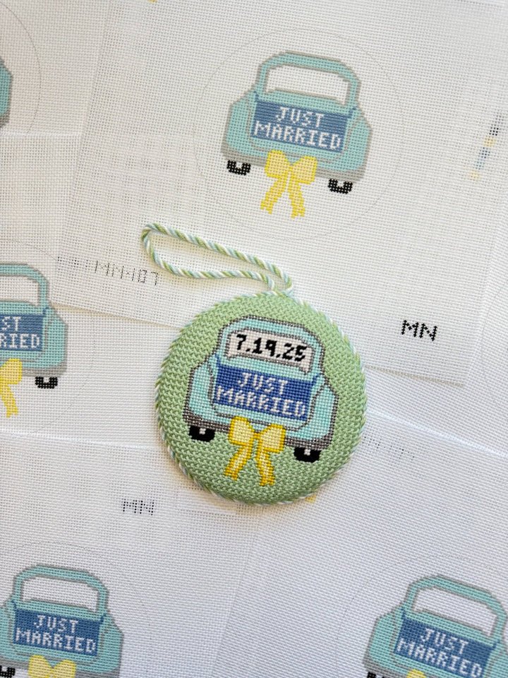 Magnolia Needlepoint - Just Married Teal Car Yellow Bow: No Date - Pisgah Needleworks