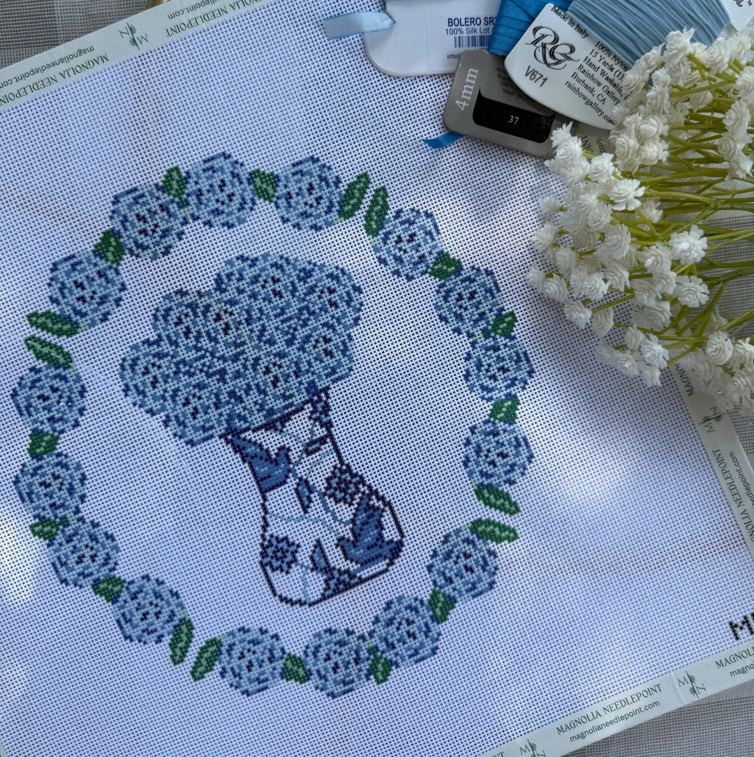 Magnolia Needlepoint - Porcelain Blooms Hydrangea Wreath - Pisgah Needleworks