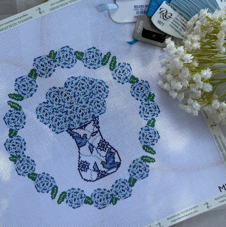 Magnolia Needlepoint - Porcelain Blooms Hydrangea Wreath - Pisgah Needleworks