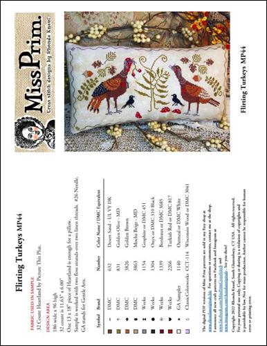 Miss Prim Flirting Turkeys Cross Stitch Pattern | Printed Pattern - Pisgah Needleworks