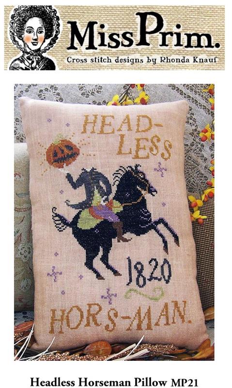 Miss Prim “Headless Horseman Pillow” Halloween Cross Stitch Pattern - Pisgah Needleworks