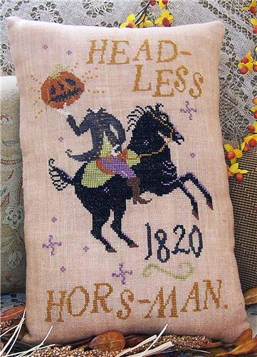 Miss Prim “Headless Horseman Pillow” Halloween Cross Stitch Pattern - Pisgah Needleworks