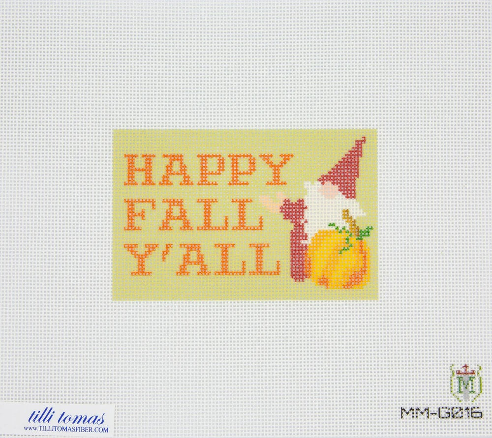 Needlepoint canvas design with 'Happy Fall Y'all' text and a pumpkin on a light background