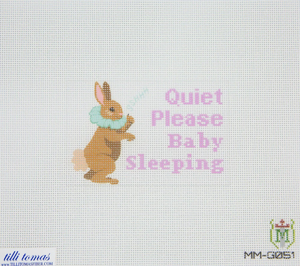 Needlepoint canvas design of a rabbit with a baby bottle and text 'Quiet Please Baby Sleeping' on a light gray background.
