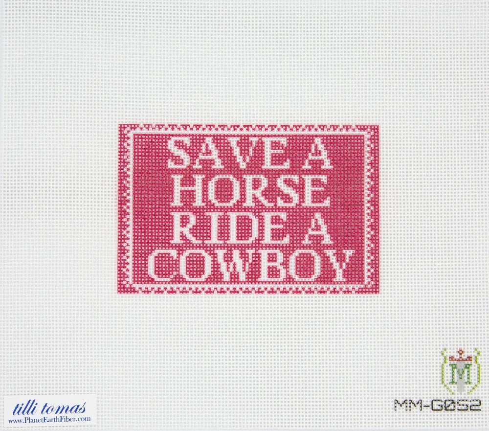 Needlepoint canvas pattern with 'Save a horse, ride a cowboy' text on a white background